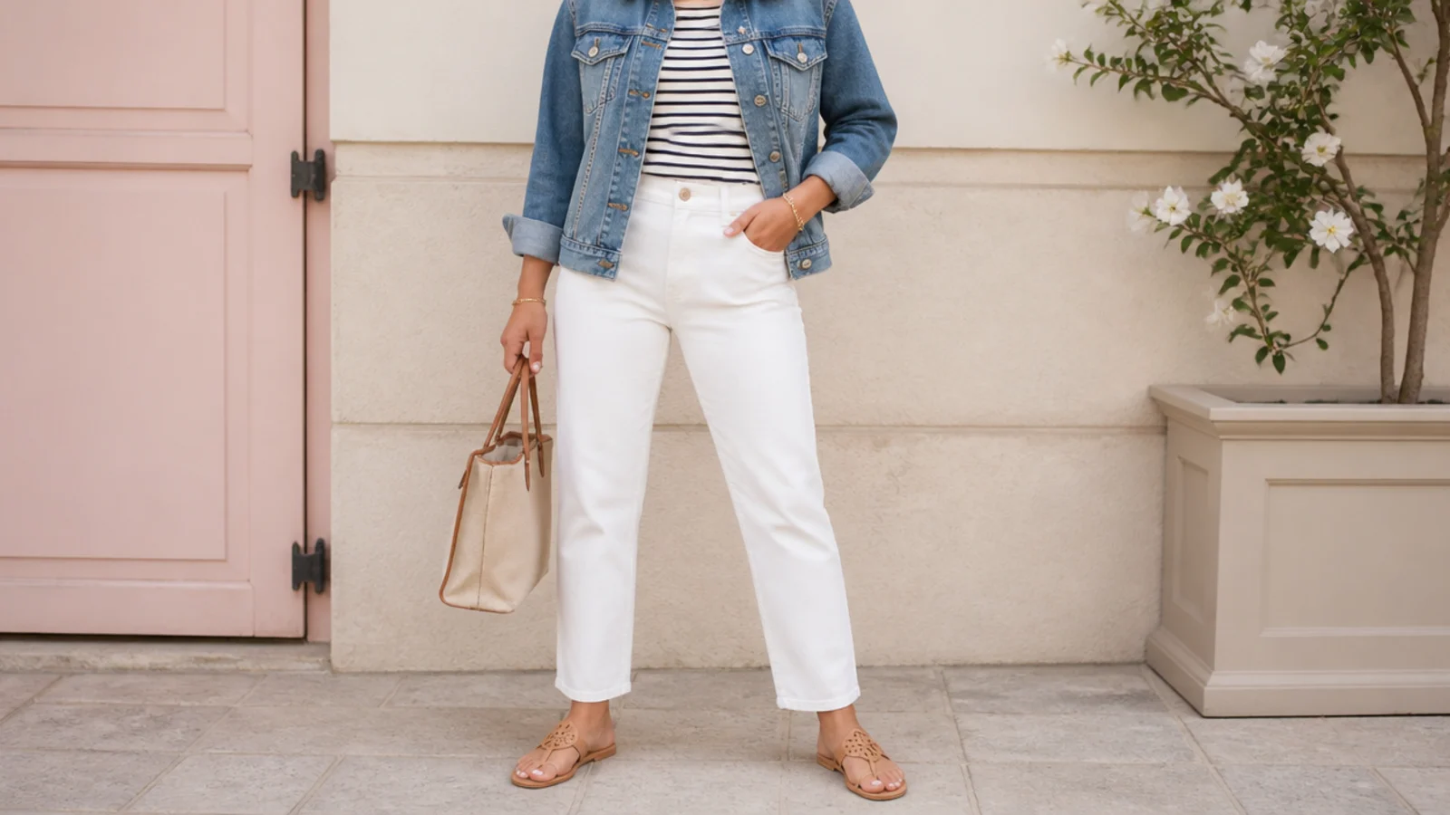 Faceless outfit with a mid-wash denim jacket, a striped tee and white straight-leg jeans with sandals