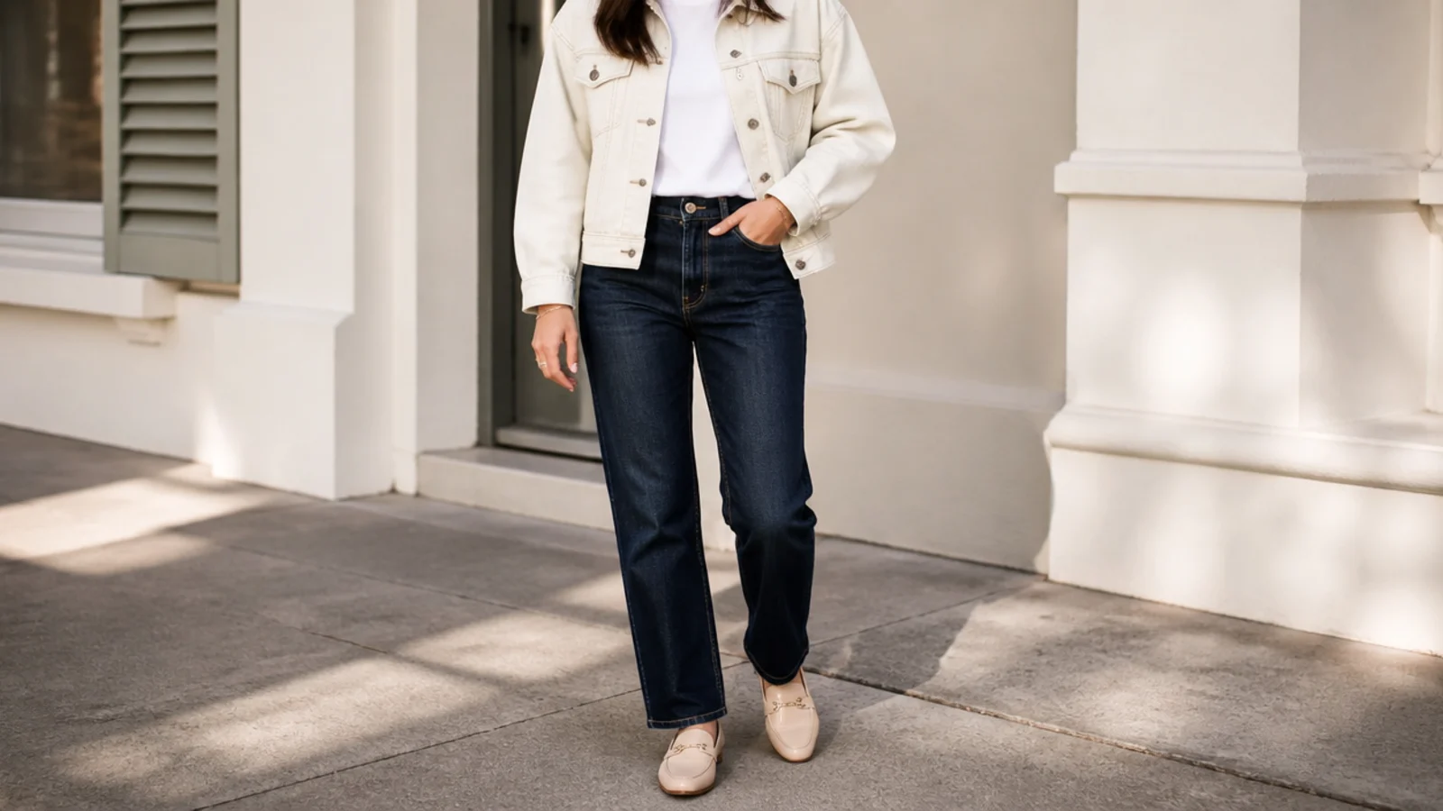 Faceless outfit with an ecru denim jacket and dark indigo straight jeans with a white tee and loafers