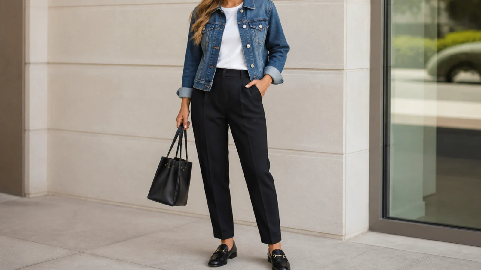 Faceless workwear outfit with a mid-wash denim jacket, a white tee and tailored black trousers with loafers