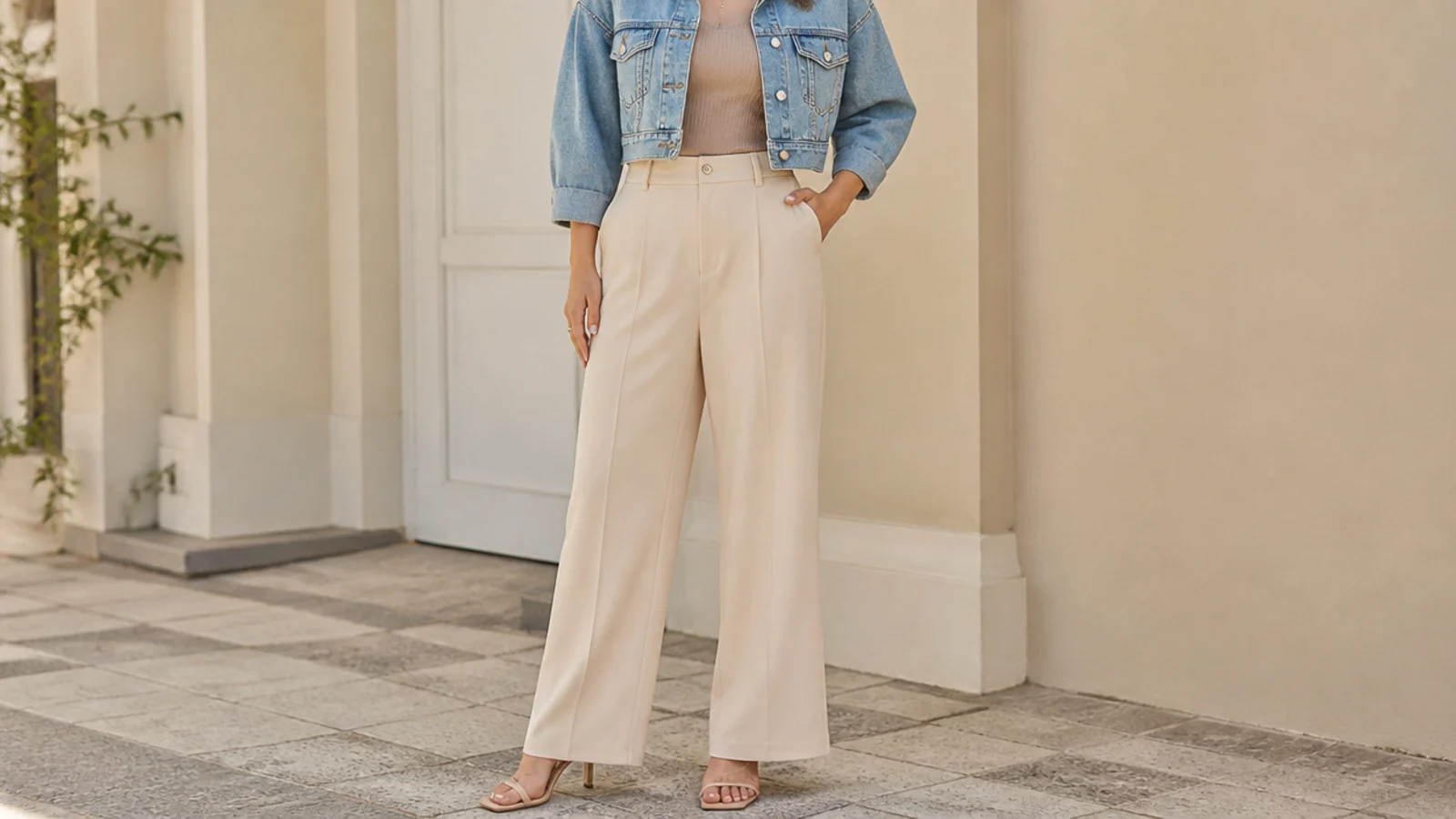 Faceless outfit with a cropped denim jacket, a fitted knit and fluid wide-leg trousers with heels