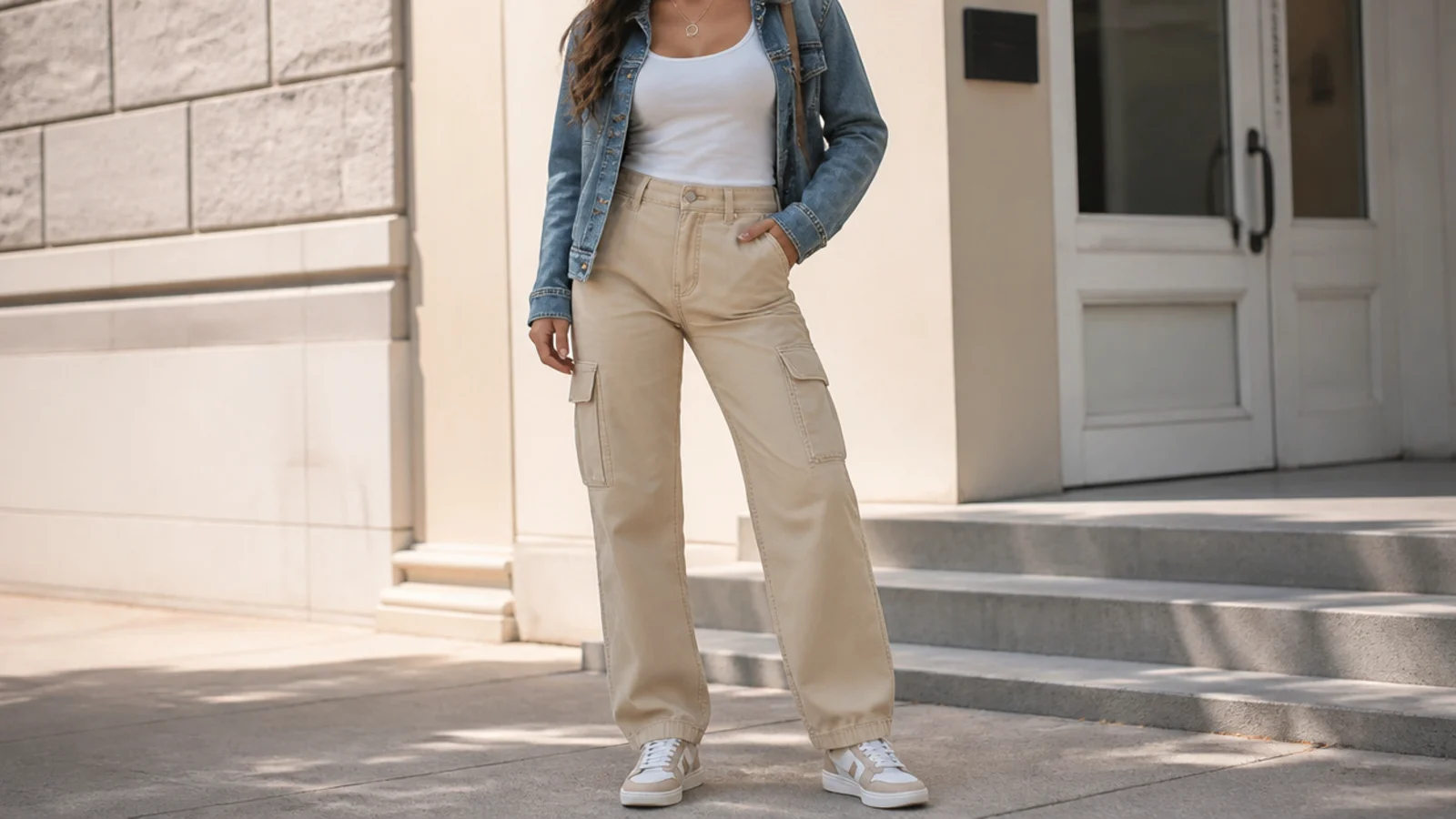 Faceless street outfit with a mid-wash denim jacket, a fitted tank and utility cargo pants with sneakers