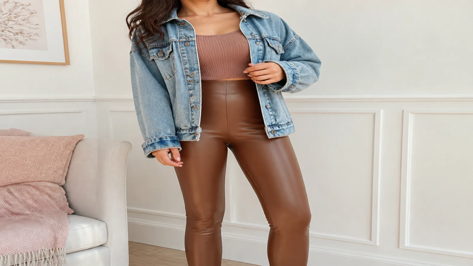 Faceless outfit with an oversized denim jacket, a ribbed tank and faux-leather leggings with ankle boots