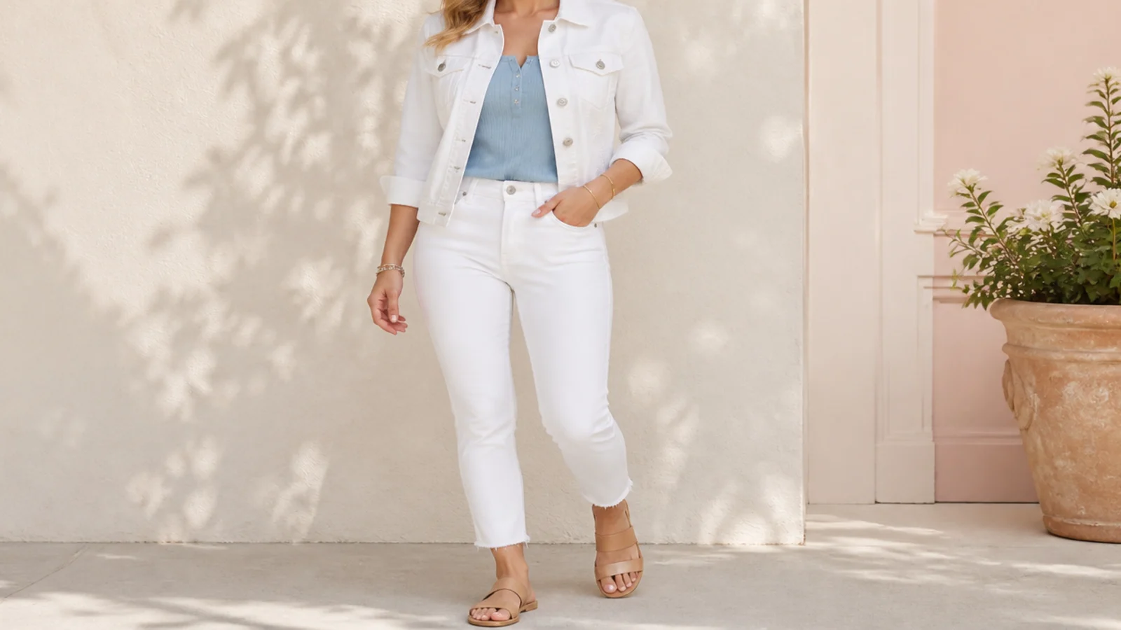 Faceless spring outfit with a white denim jacket, a pastel blue top and white jeans with sandals