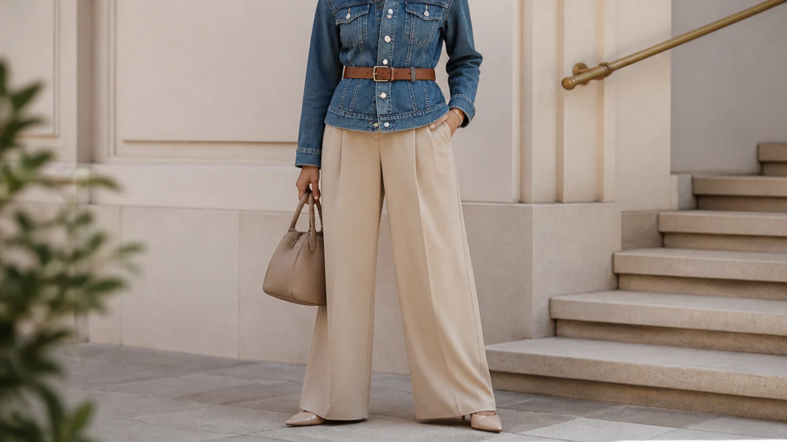 Faceless outfit with a buttoned denim jacket worn as a top and belted over wide-leg trousers with heels