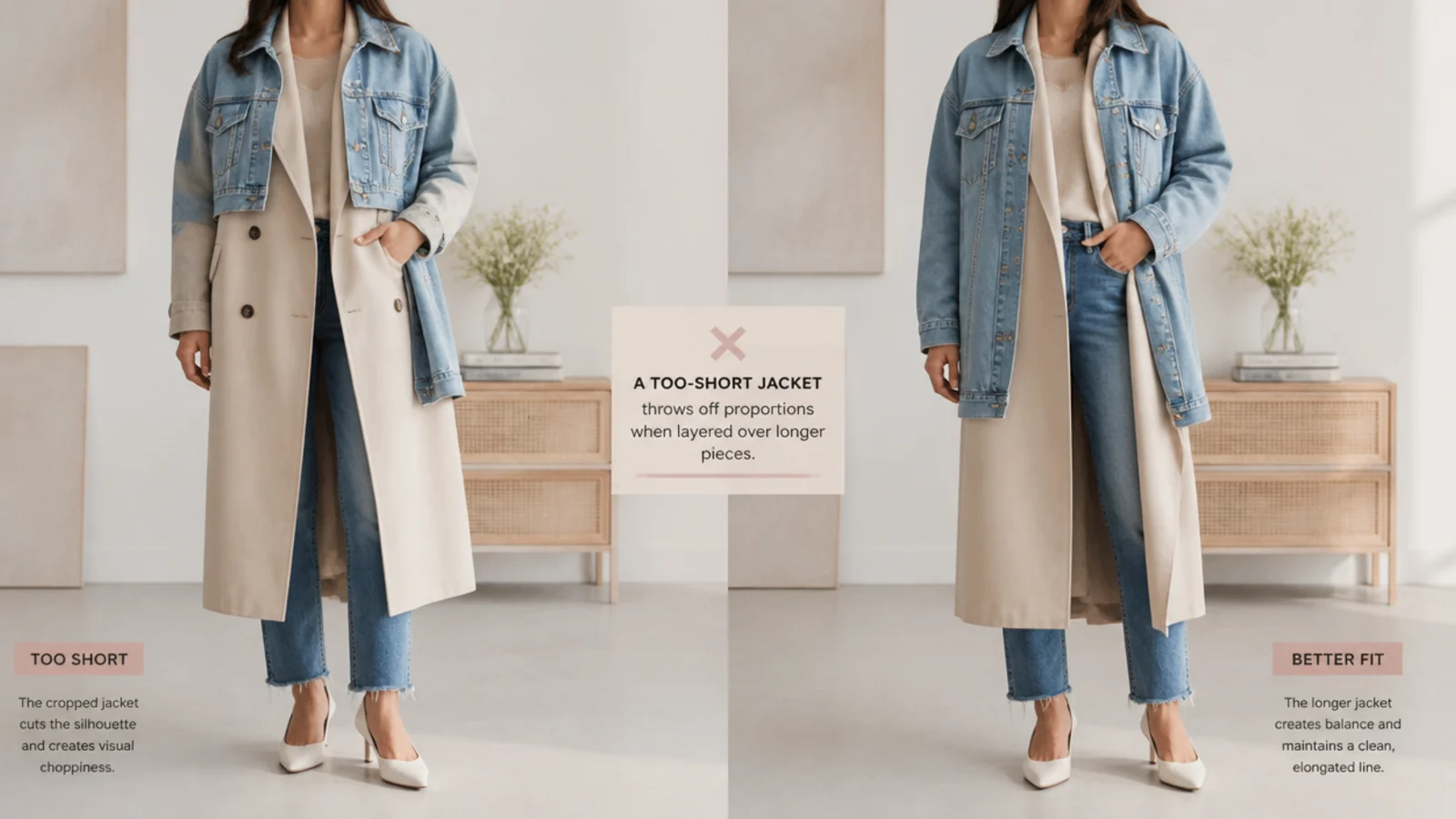 Faceless comparison showing a too-short denim jacket worn over a longer coat as a styling mistake