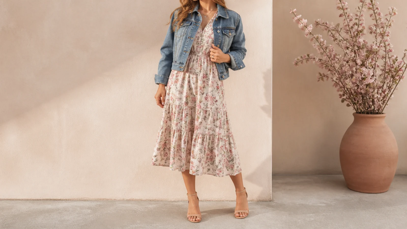 Faceless outfit showing a cropped mid-wash denim jacket layered open over a floral midi dress