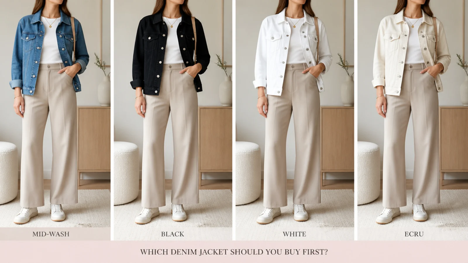 Faceless flat-lay comparing mid-wash, black, white and ecru denim jackets for a first purchase