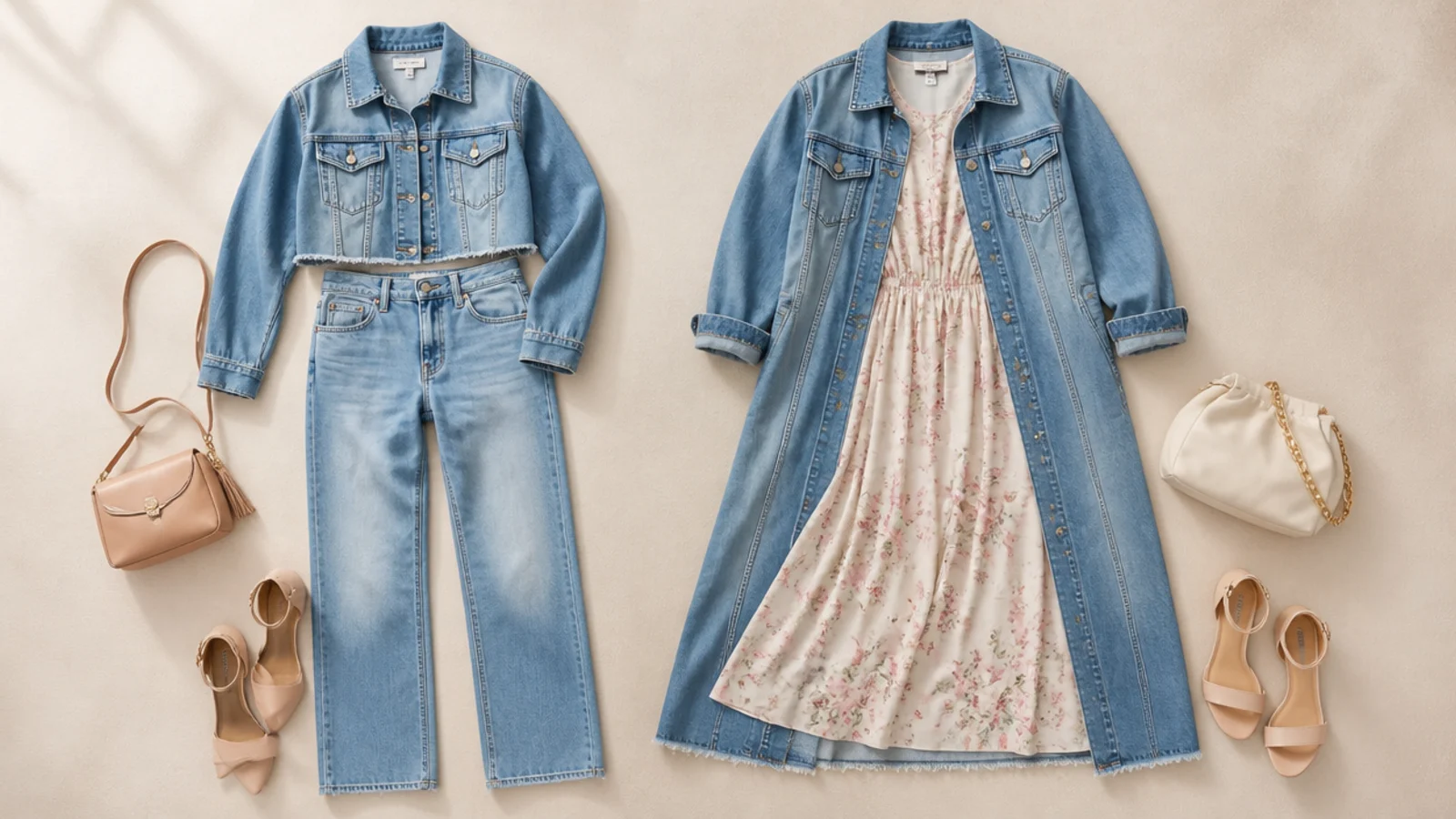 Faceless flat-lay comparing a cropped denim jacket and a longline denim jacket beside jeans and a dress