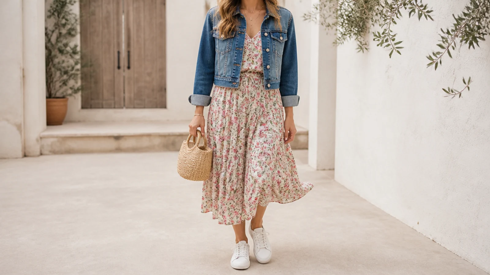Faceless denim jacket outfit with a cropped mid-wash jean jacket over a floral midi dress and white sneakers