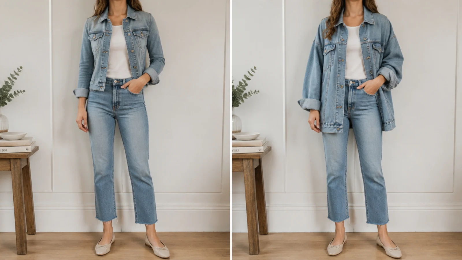 Faceless comparison of a fitted denim jacket and an oversized denim jacket over the same jeans