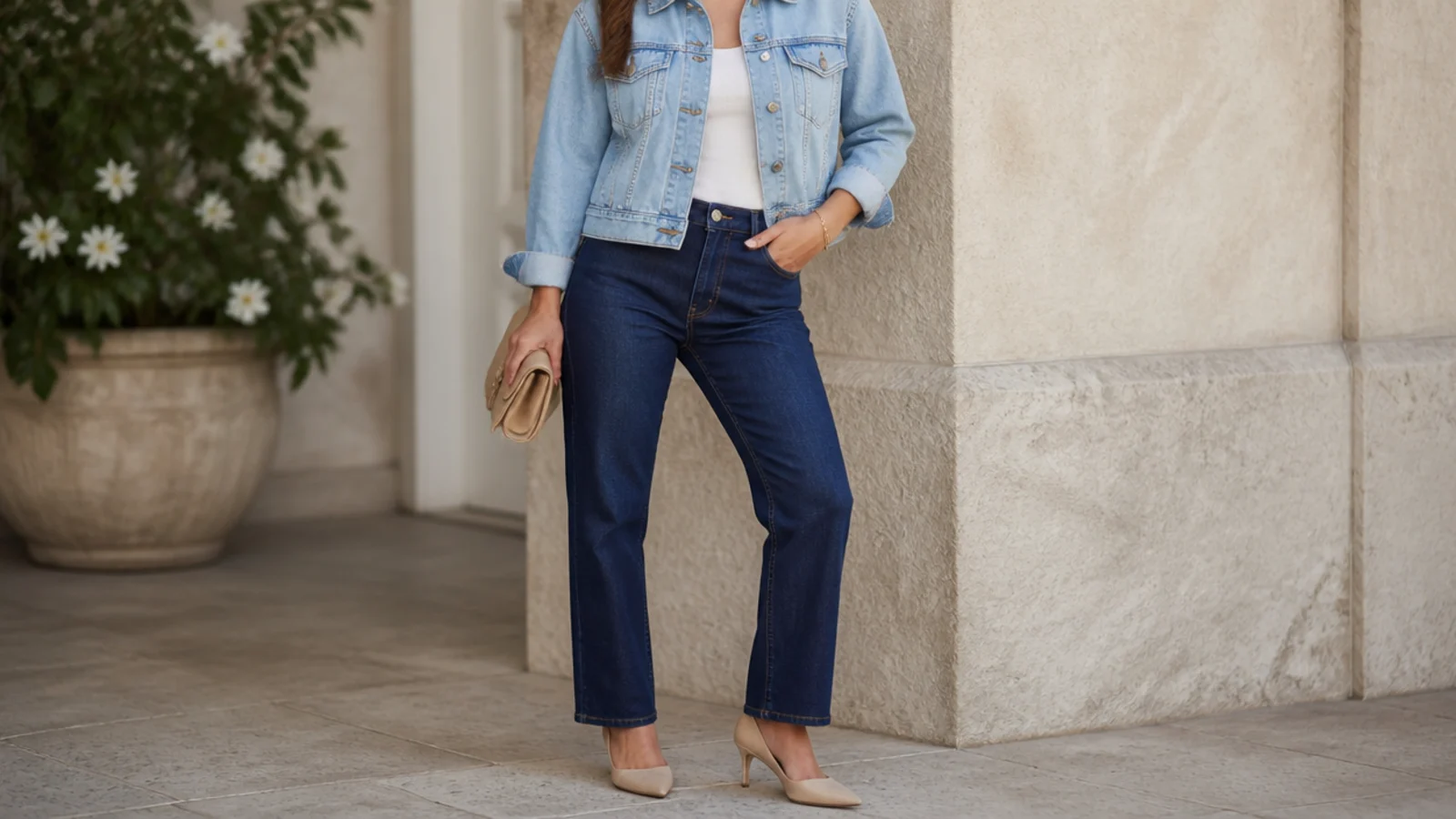 Faceless outfit with a light-wash denim jacket over dark indigo straight-leg jeans and pointed heels