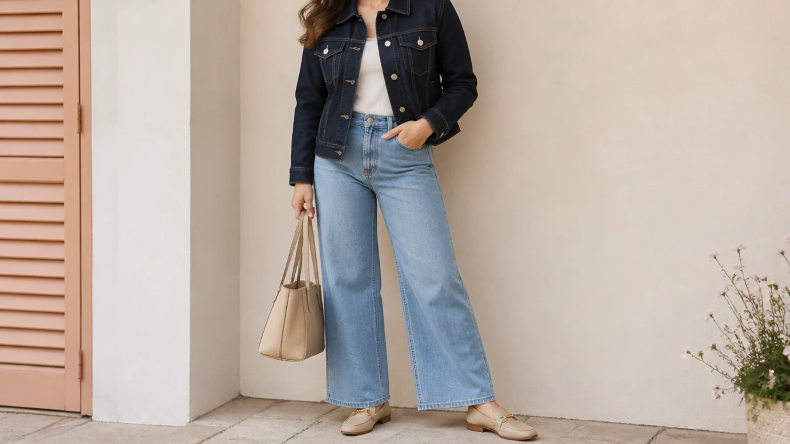 Faceless outfit with a dark indigo denim jacket over light-wash wide-leg jeans and loafers