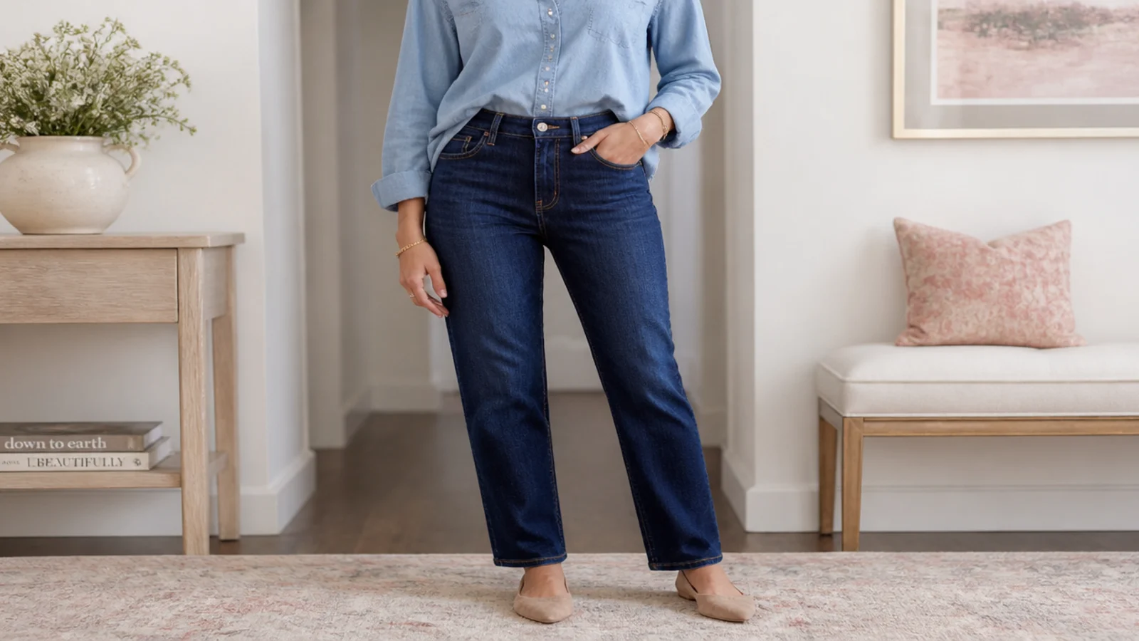 Faceless outfit with a soft light-blue chambray shirt tucked into dark indigo straight jeans