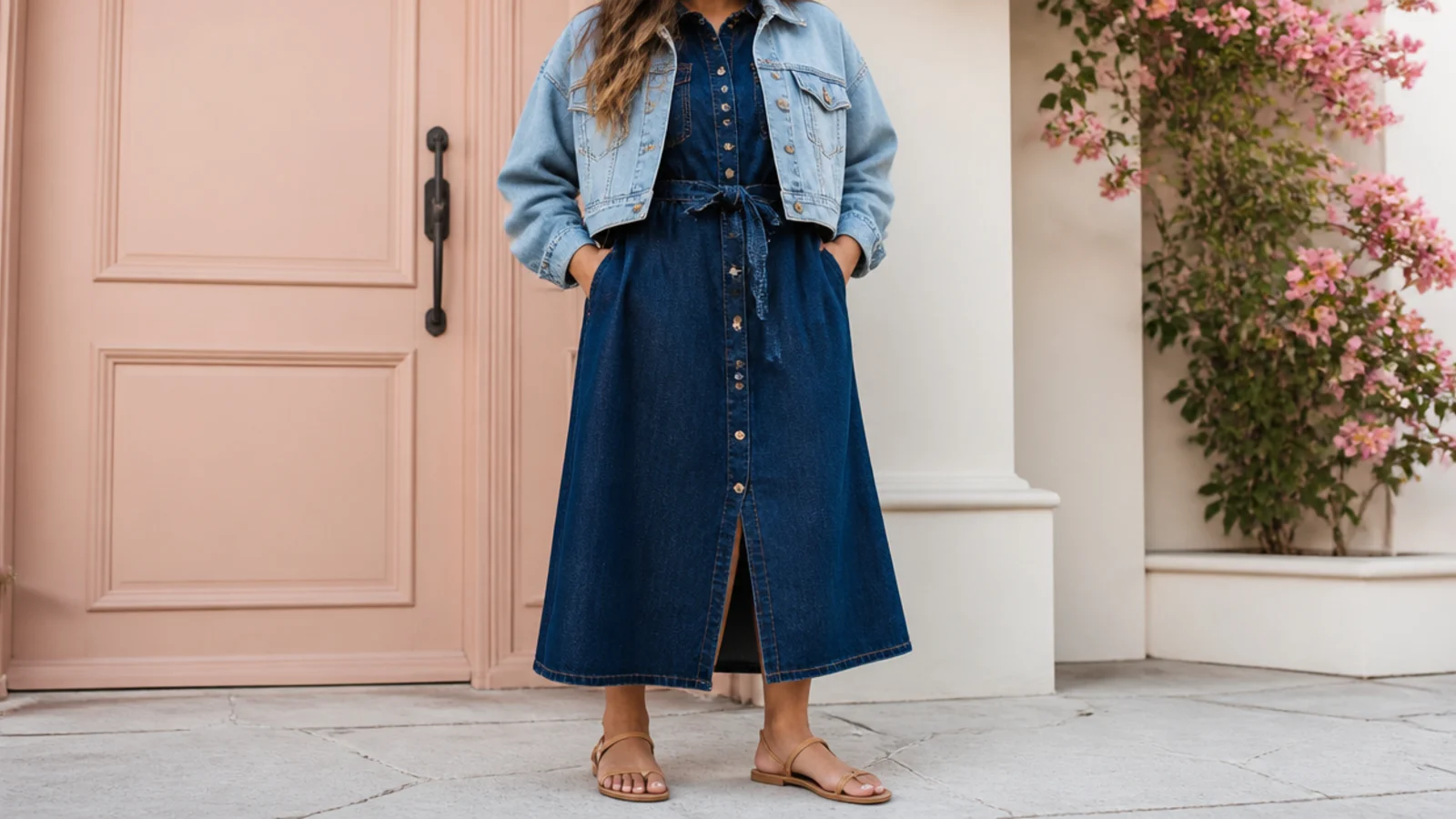 Faceless outfit with a cropped light denim jacket over a dark denim shirt dress with sandals
