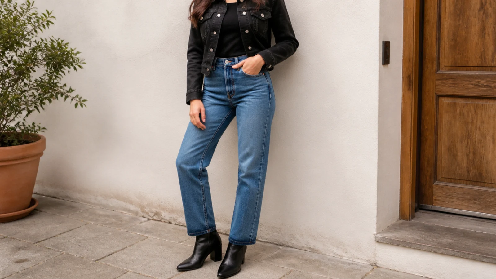 Faceless outfit with a fitted black denim jacket over mid-blue straight-leg jeans and black boots