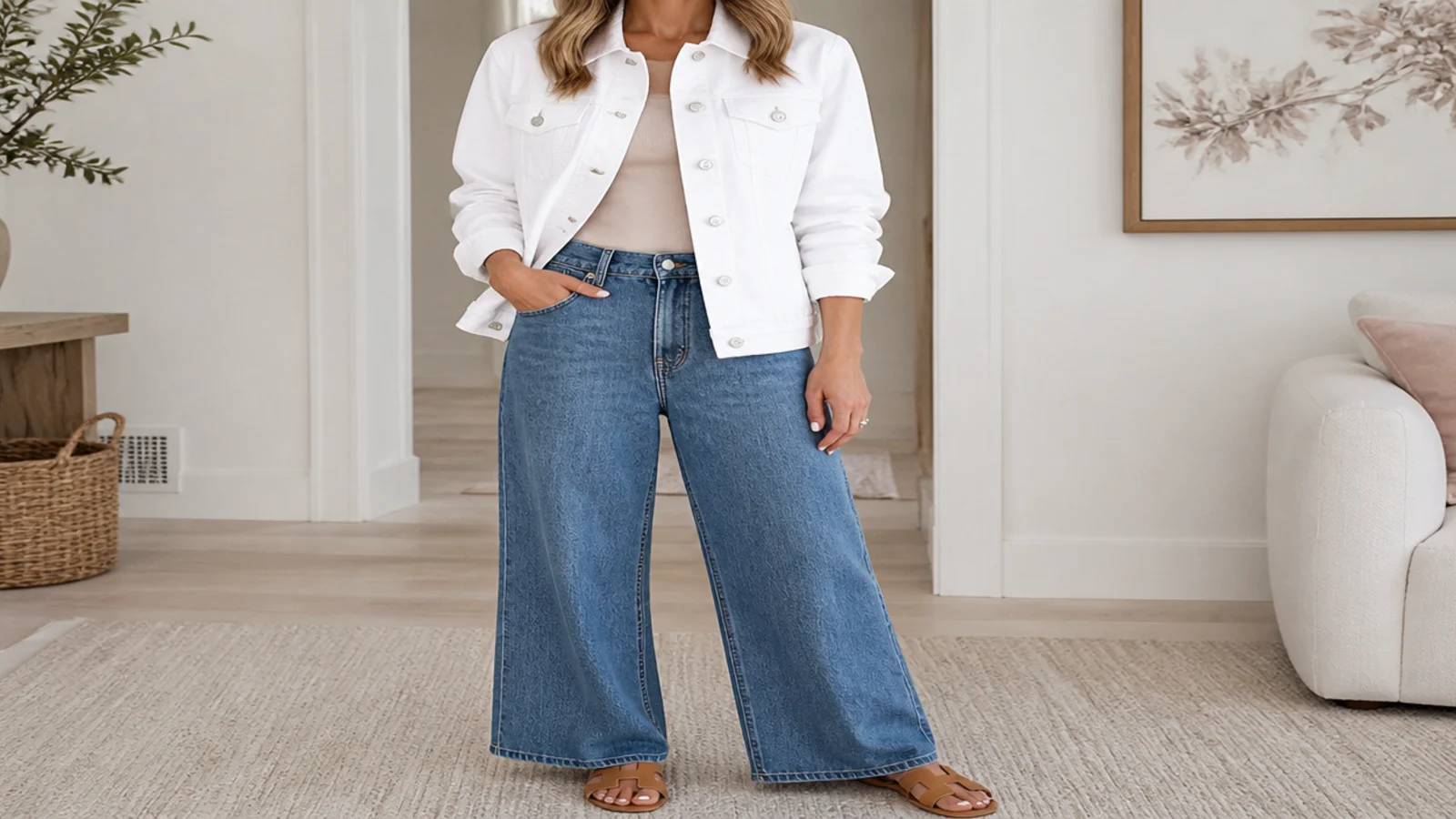 Faceless outfit with a crisp white denim jacket over mid-blue wide-leg jeans and tan sandals