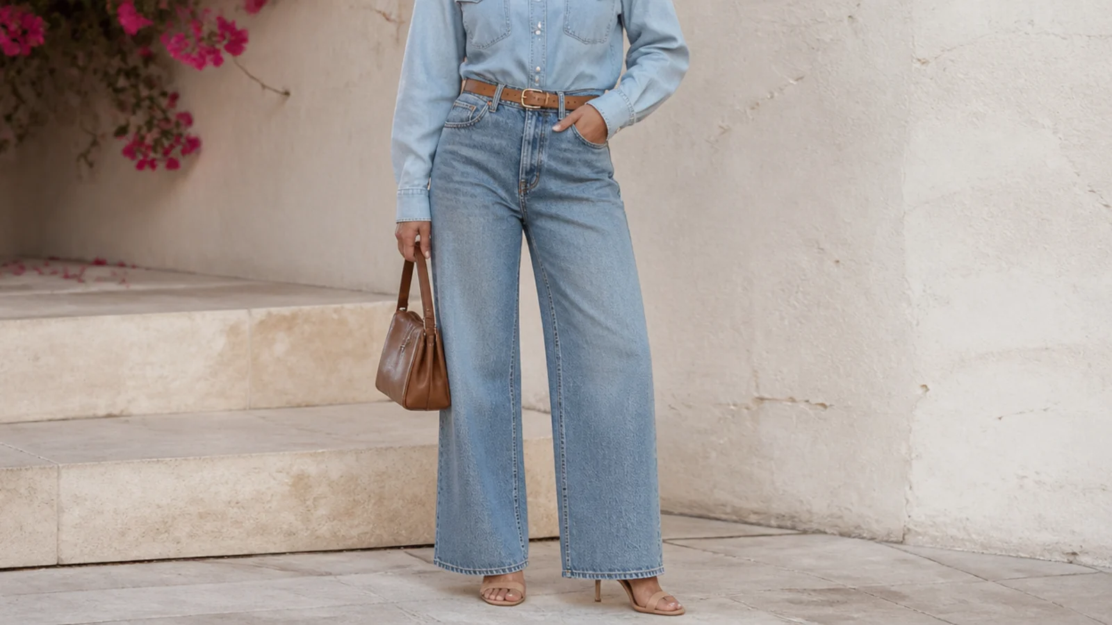 Faceless outfit with a light denim shirt tucked into high-rise wide-leg jeans and heels