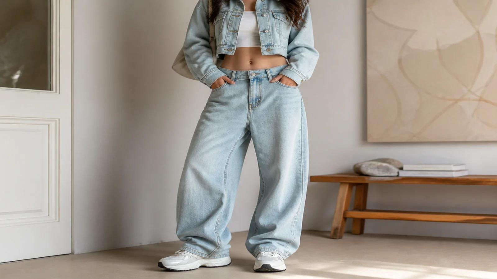 Faceless outfit with a cropped fitted denim jacket over baggy light-wash jeans and chunky sneakers