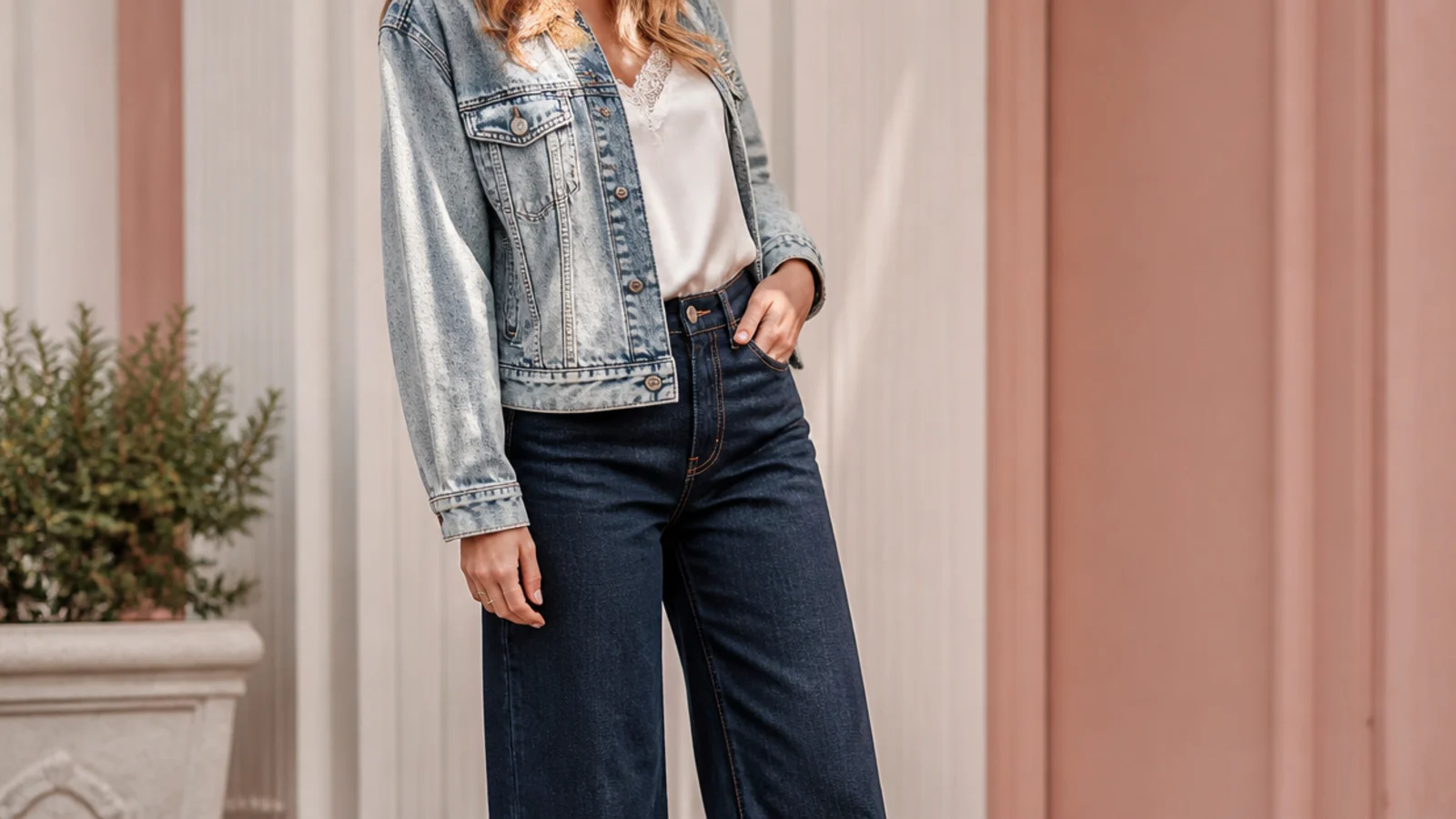 Faceless outfit with a mottled acid-wash denim jacket over deep indigo straight-leg jeans and boots