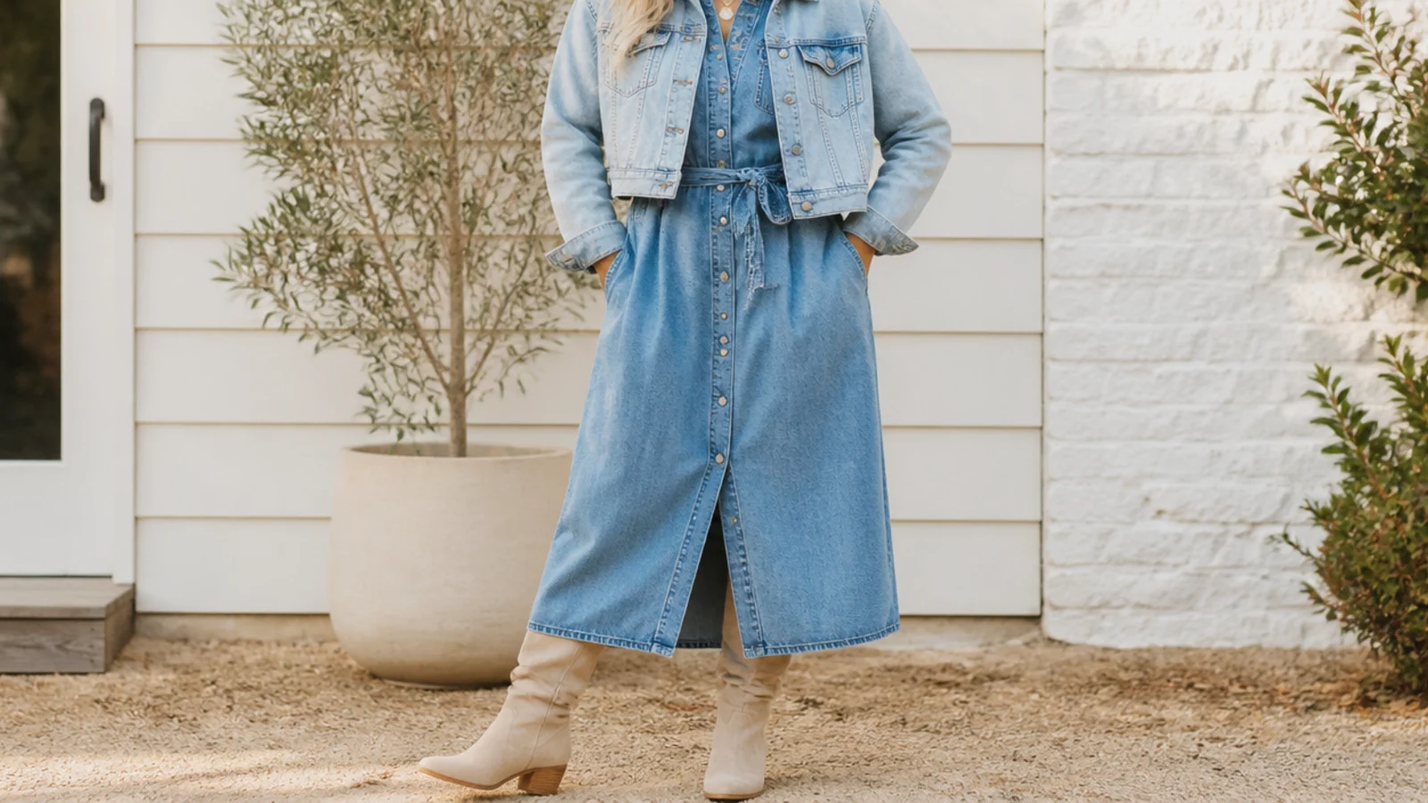 Faceless outfit with a belted denim shirt dress under a cropped light denim jacket and boots