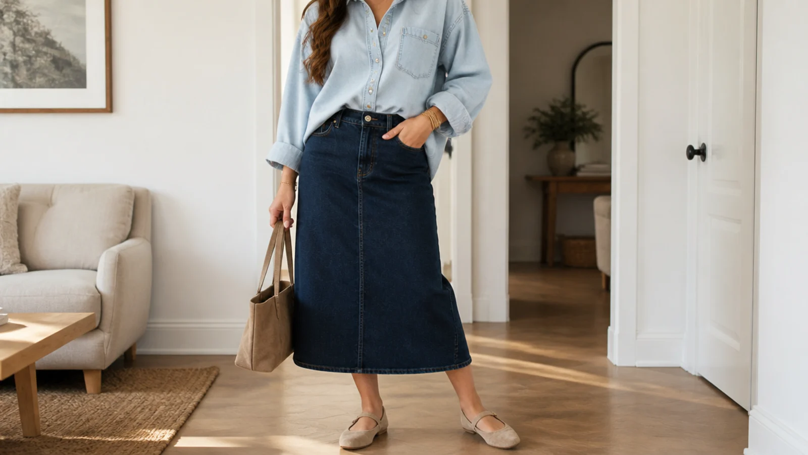 Faceless outfit with an oversized light denim shirt half-tucked into a fitted dark denim midi skirt