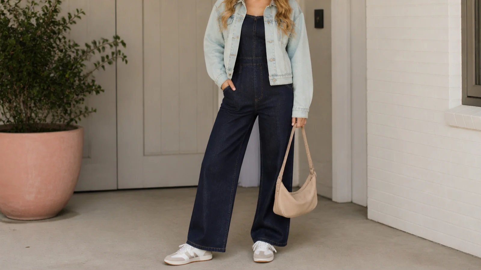 Faceless outfit with a dark denim jumpsuit under a cropped light-wash denim jacket with sneakers
