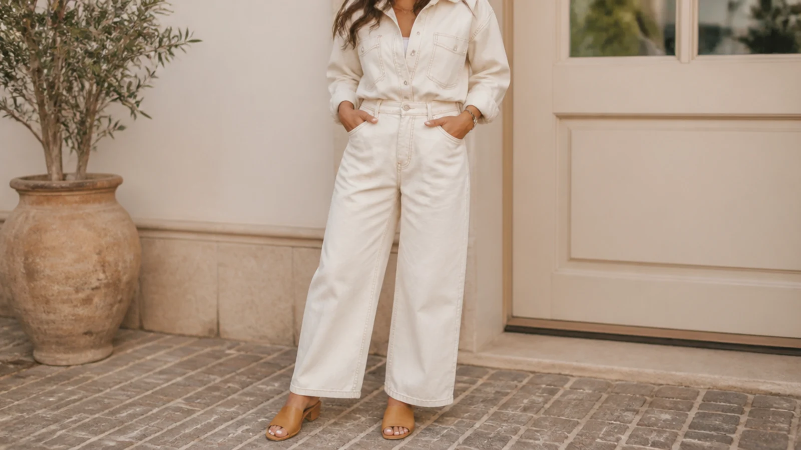 Faceless tonal outfit with an ecru denim shirt and matching ecru wide-leg jeans with tan mules