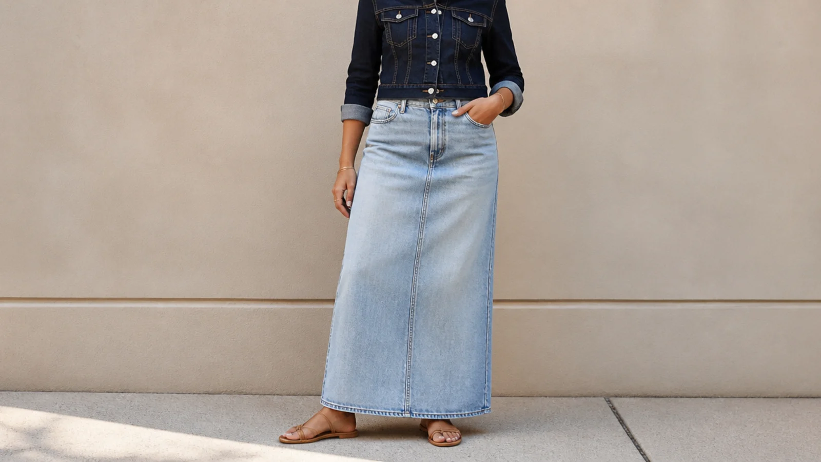 Faceless outfit with a fitted dark denim jacket over a light-wash maxi denim skirt and flat sandals