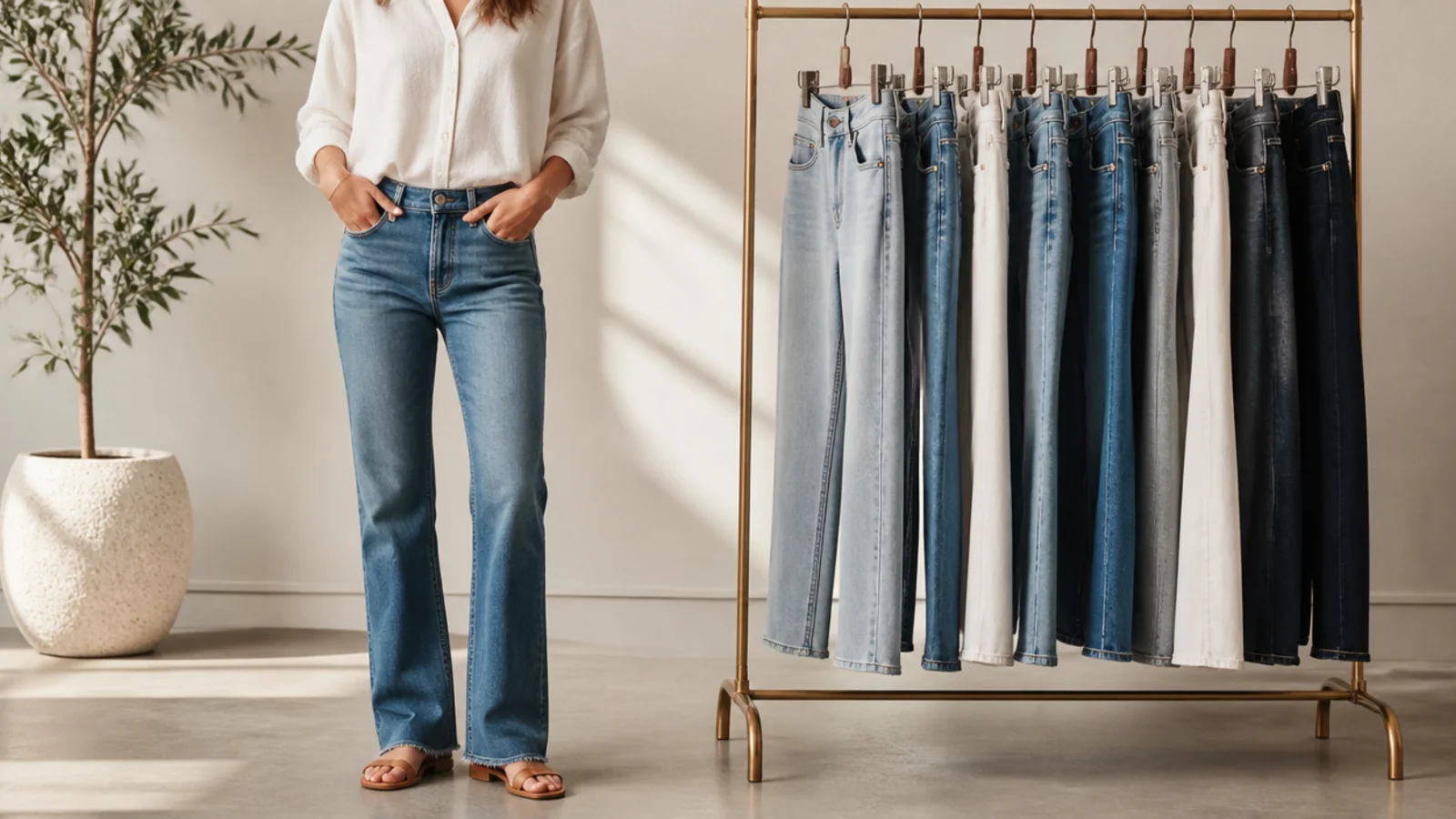 Faceless comparison of matching blue denim beside contrasting light-and-dark denim on a rail