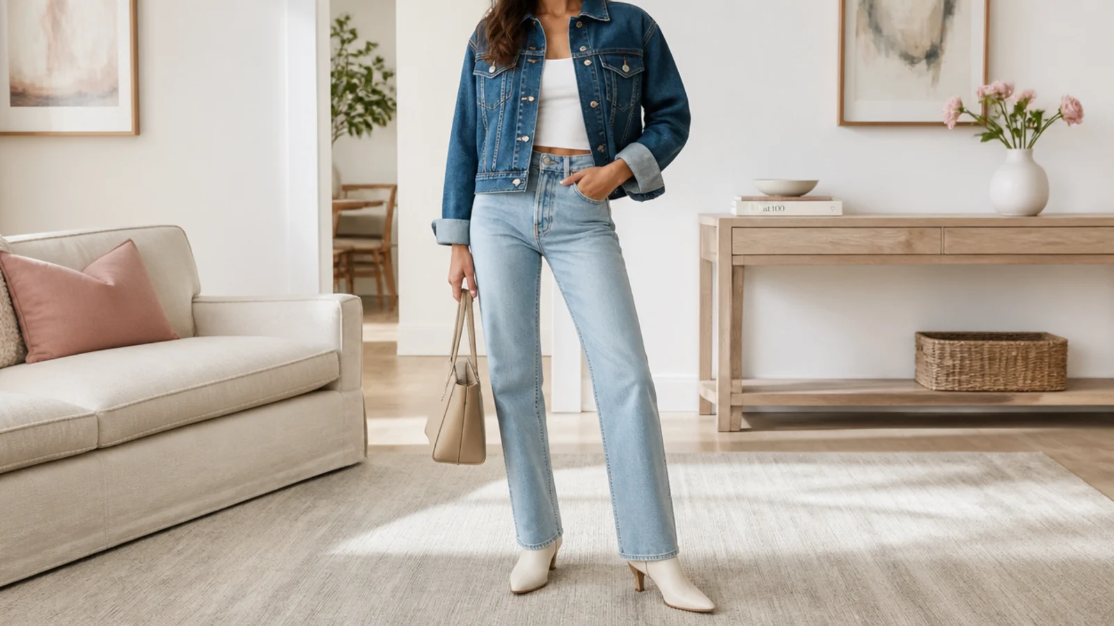 Faceless 2026 outfit with a modern boxy denim jacket and straight-leg jeans in contrasting washes