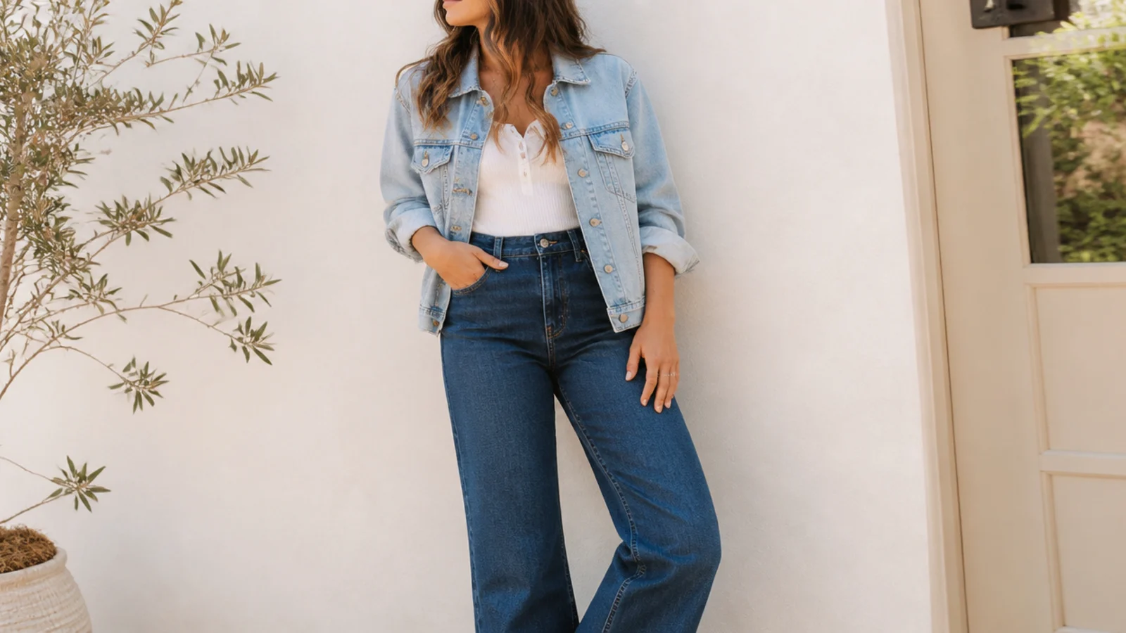 Faceless denim on denim outfit with a light-wash jacket and dark-wash jeans