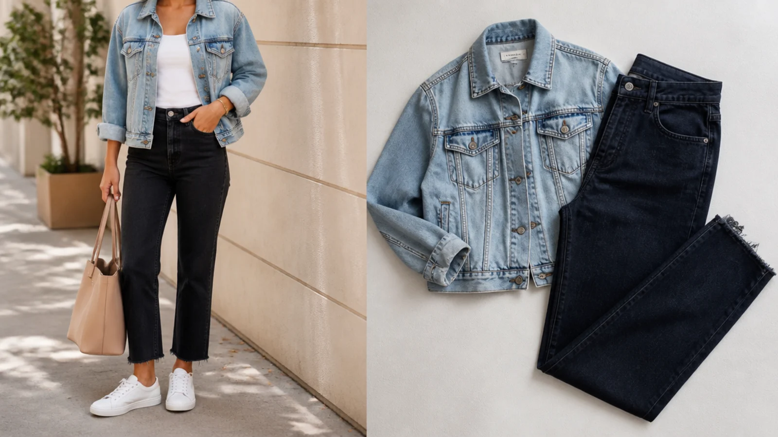 Faceless flat-lay of a light denim jacket and dark jeans laid out to show wash and fit contrast