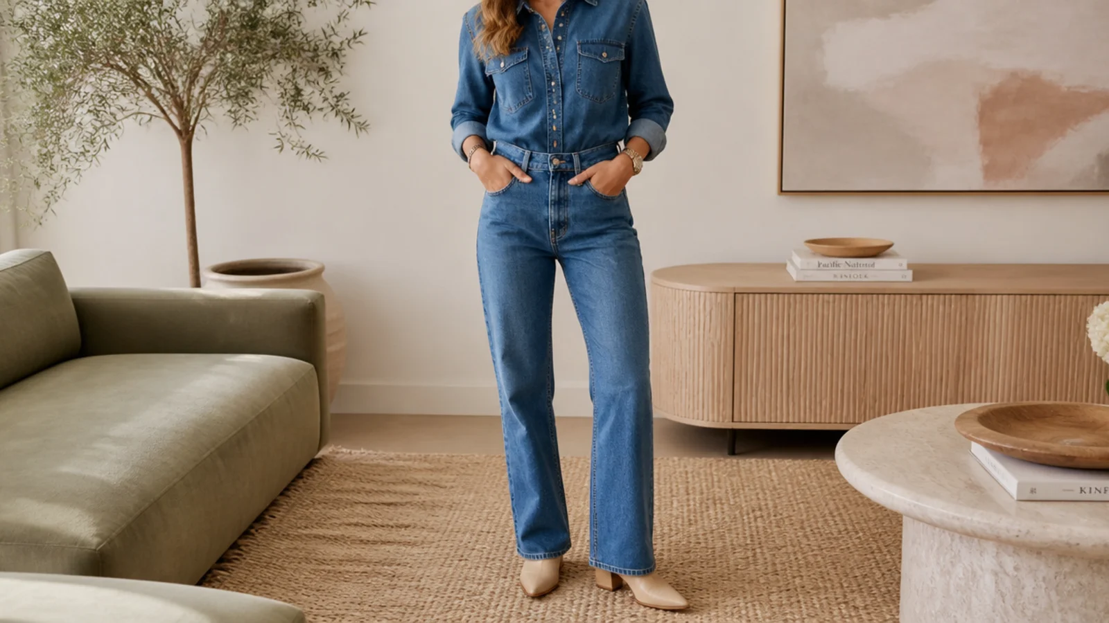 Faceless outfit showing a tucked denim shirt with denim jeans styled as a modern Canadian tuxedo