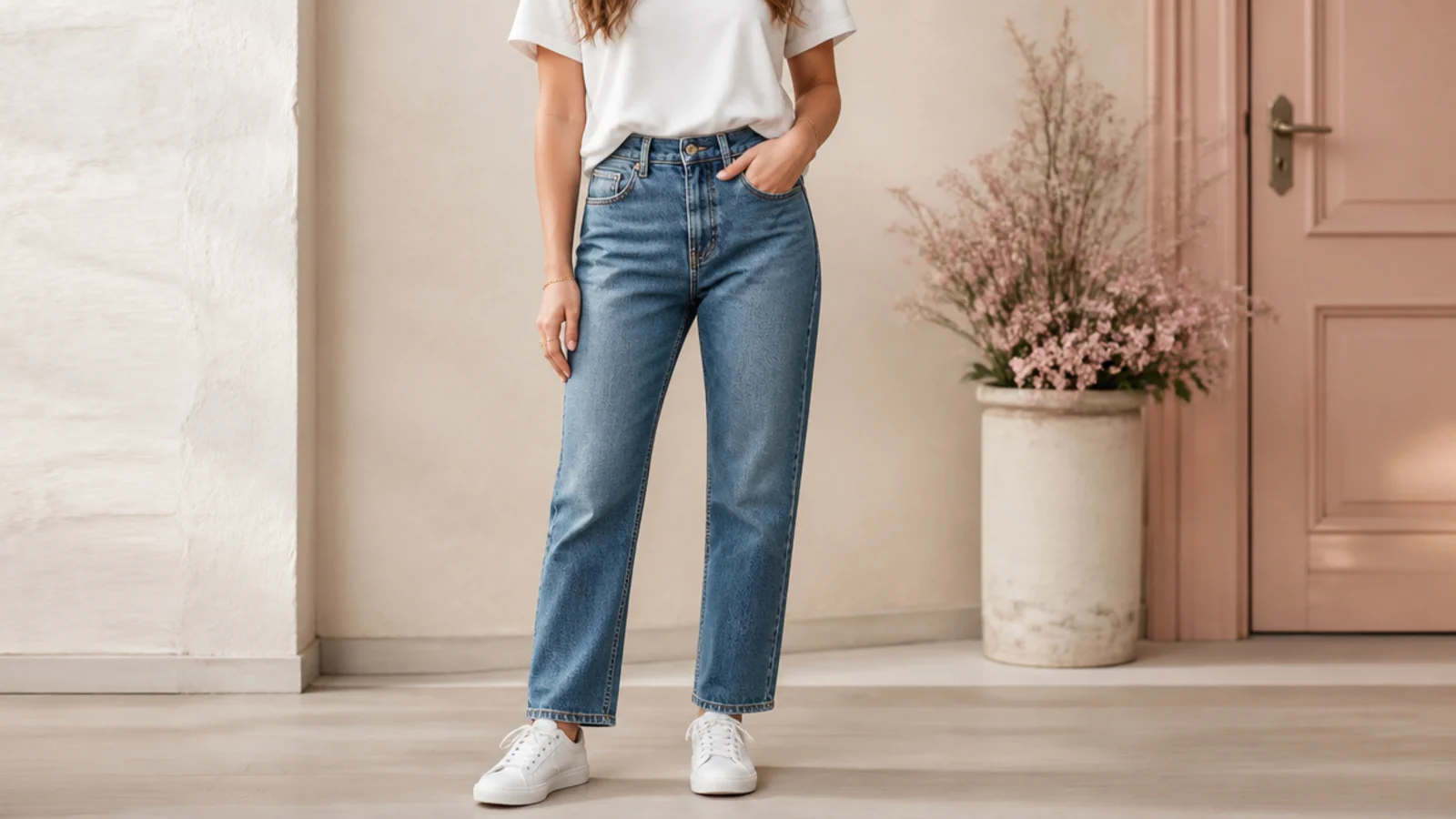 Faceless outfit with mid-wash straight-leg jeans, a tucked white tee and white sneakers