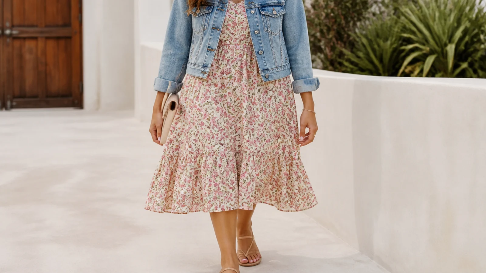 Faceless outfit with a mid-wash denim jacket over a floral midi dress and flat sandals