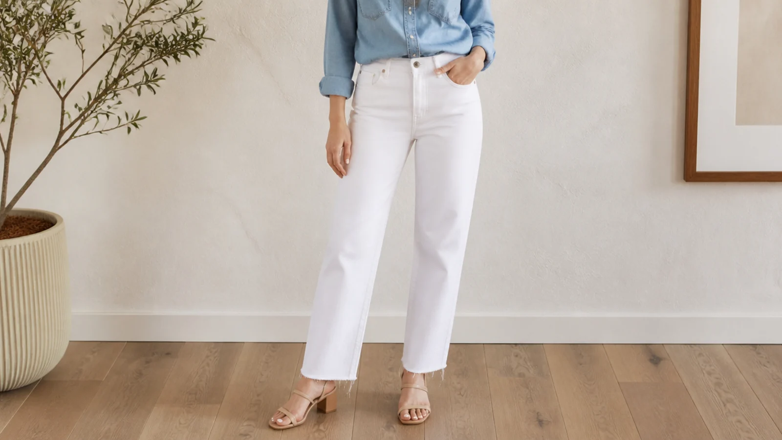 Faceless outfit with white straight-leg jeans and a light chambray shirt tucked in