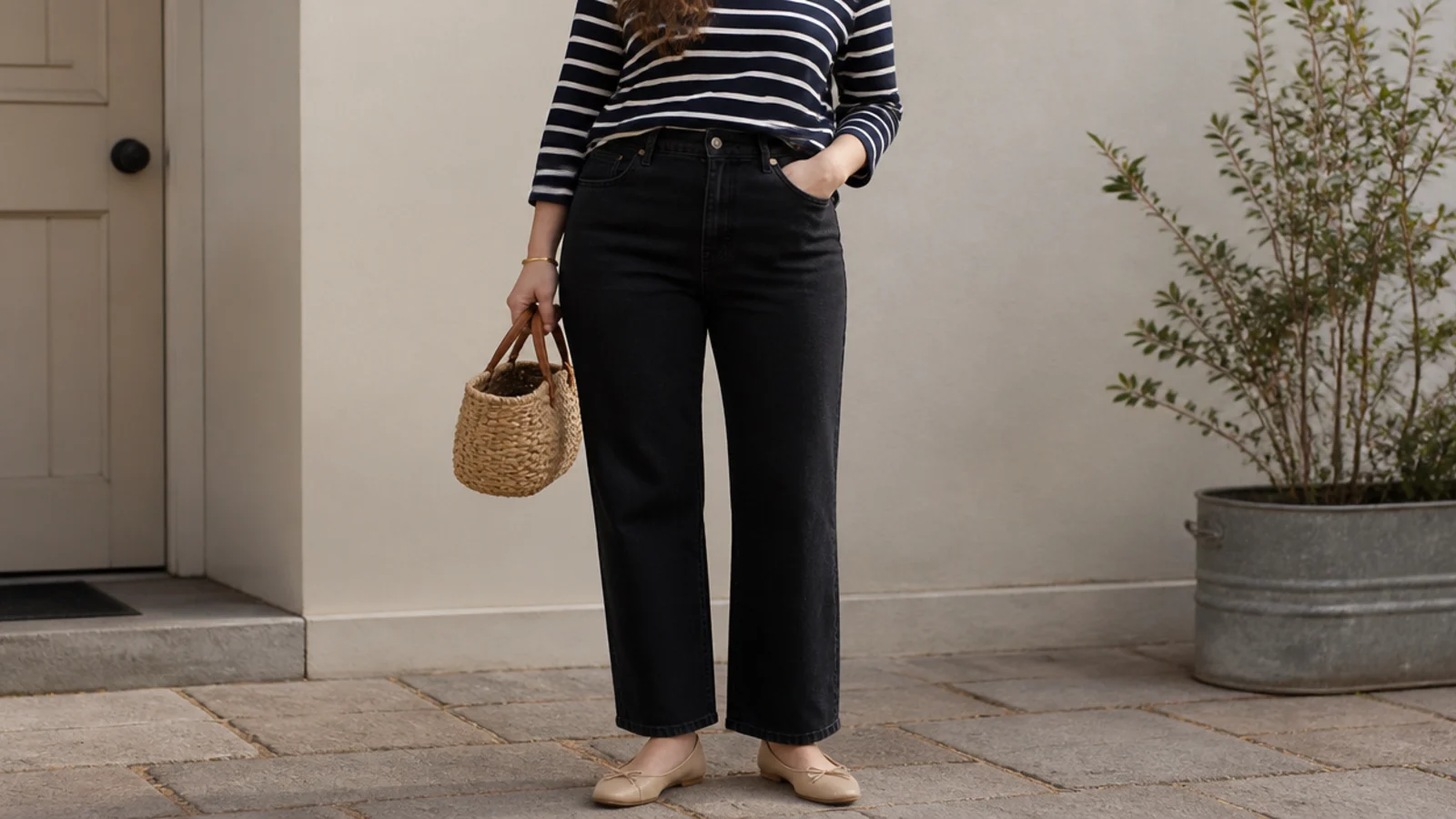 Faceless outfit with black straight-leg jeans, a navy Breton stripe top and ballet flats