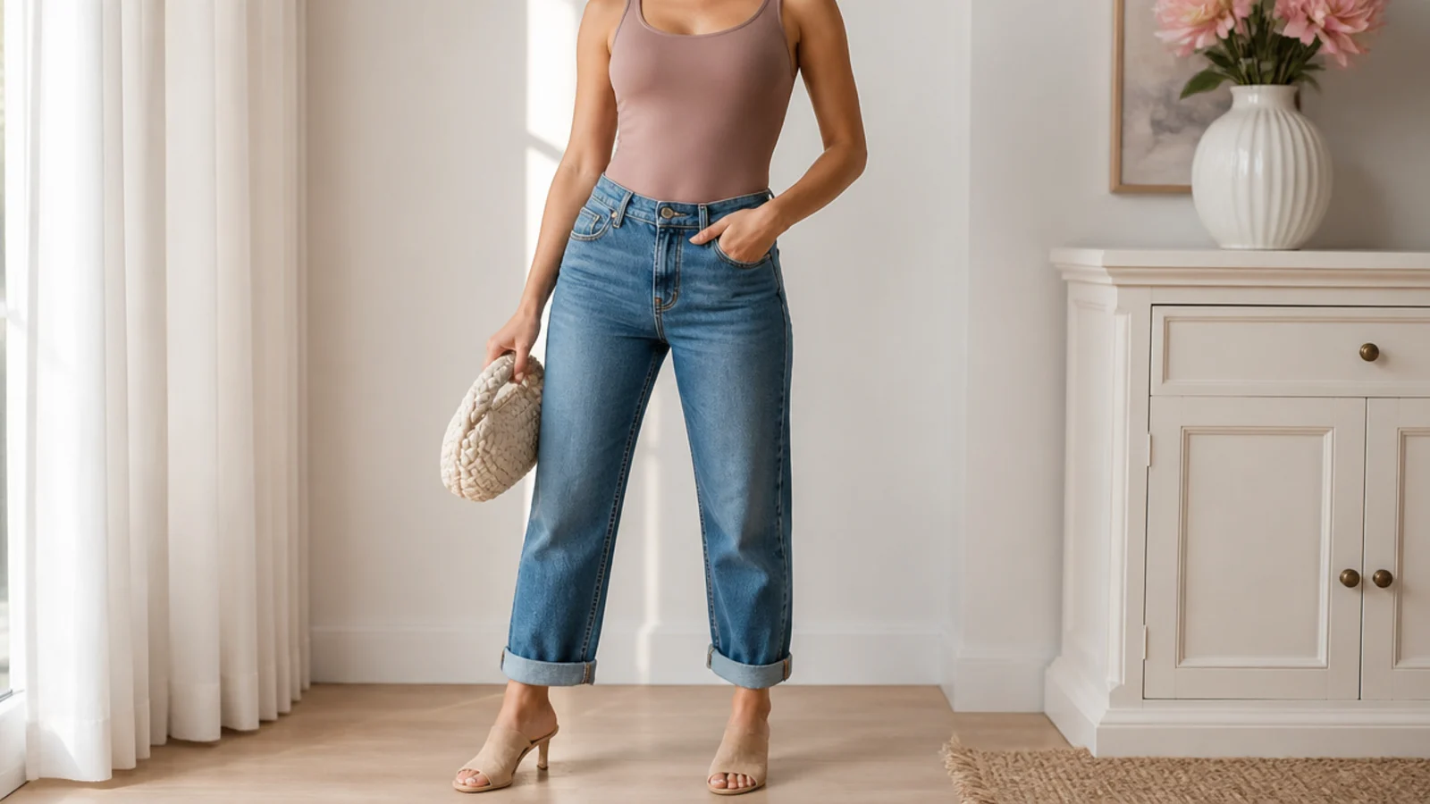 Faceless outfit with cuffed mid-wash straight-leg jeans, a fitted bodysuit and heeled mules