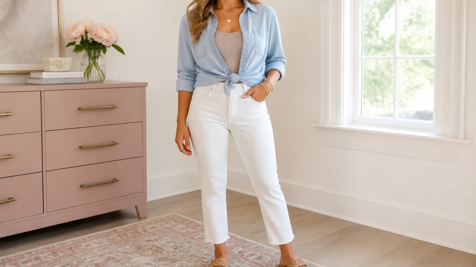 Faceless outfit with white jeans, a ribbed tank and a chambray shirt knotted at the waist