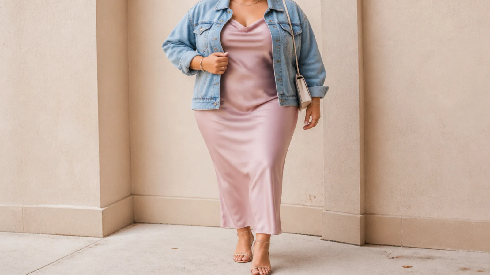 Faceless outfit with a mid-wash denim jacket over a satin slip dress and strappy sandals
