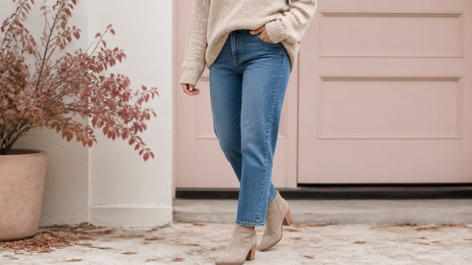 Faceless fall outfit with mid-wash straight-leg jeans, an oatmeal chunky sweater and ankle boots