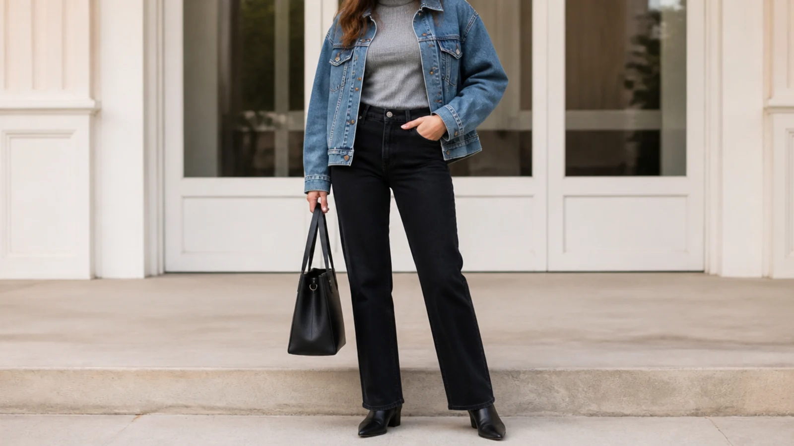 Faceless fall outfit with black straight-leg jeans, a fine gray turtleneck and a mid-wash denim jacket