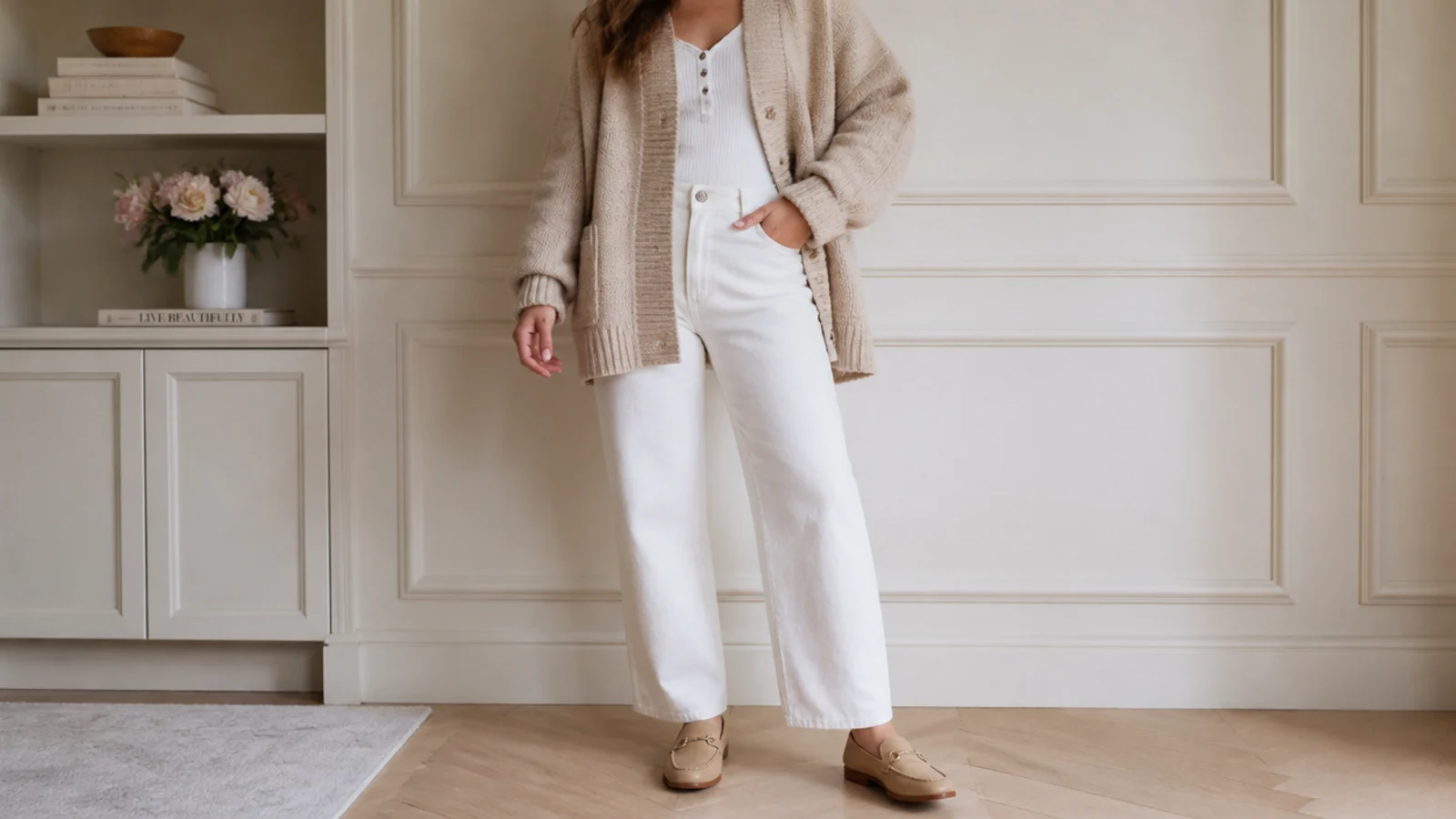 Faceless fall outfit with white straight-leg jeans, an oversized oatmeal cardigan and loafers