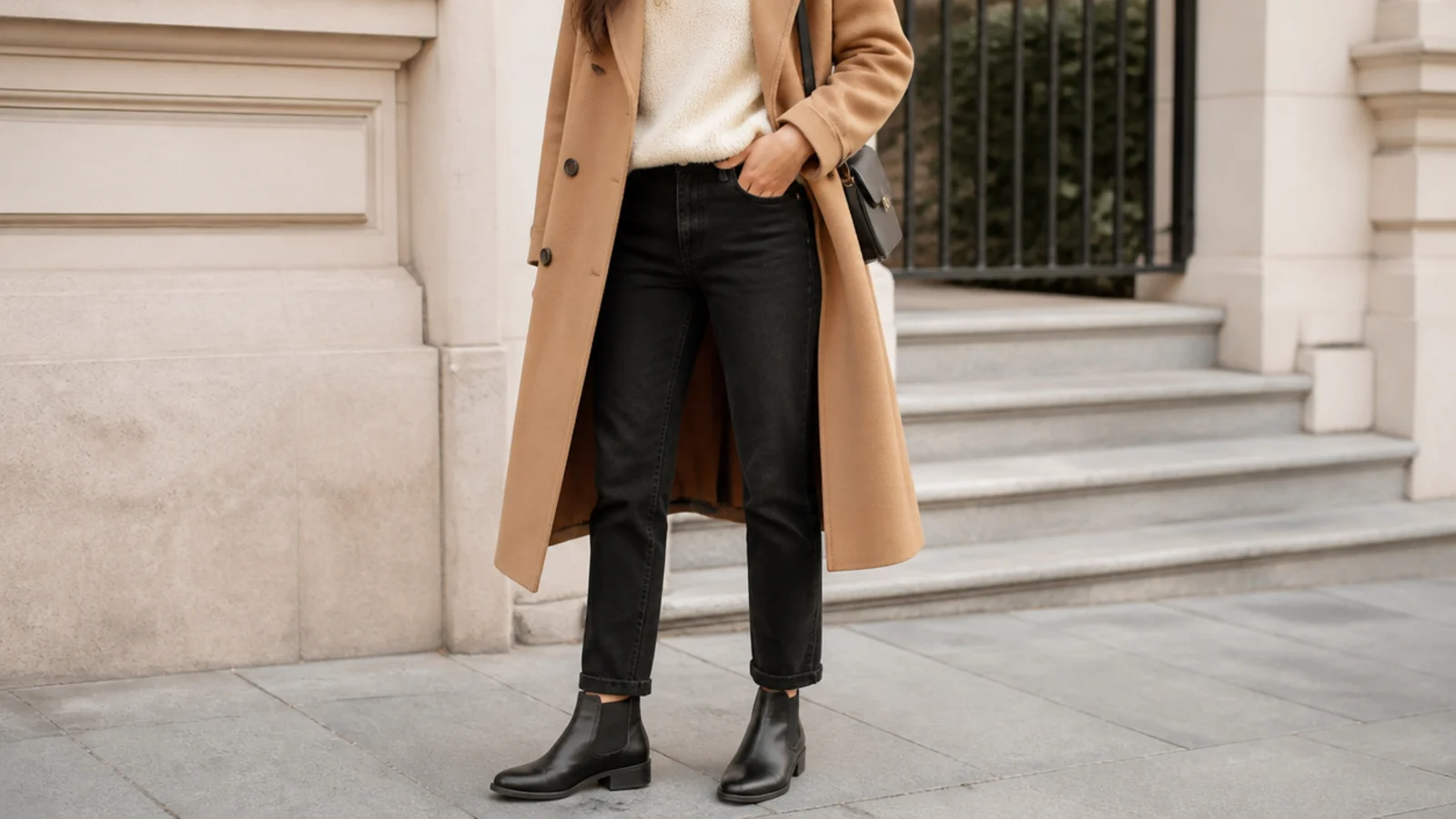 Faceless winter outfit with black straight-leg jeans, a camel longline coat and black Chelsea boots
