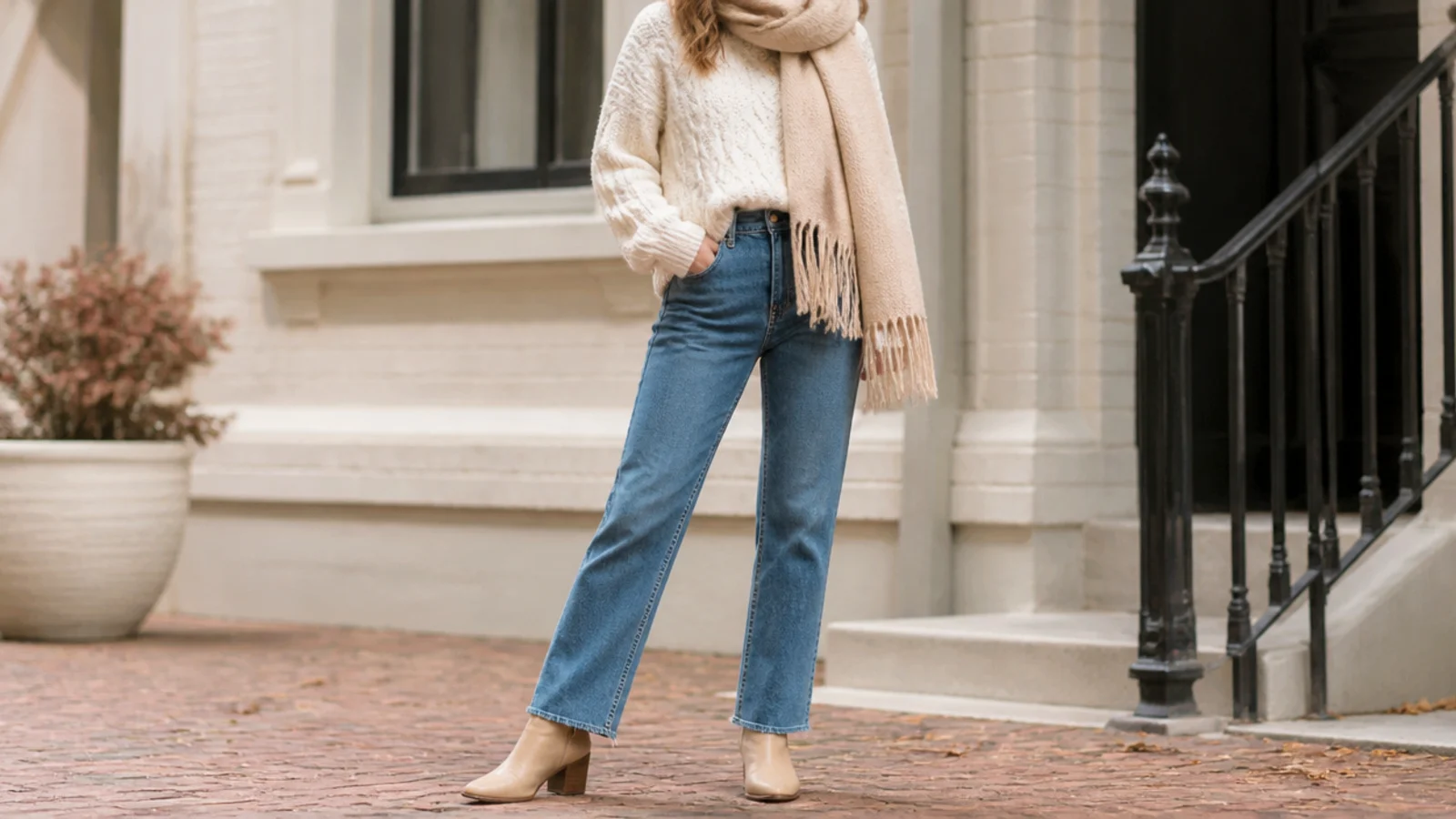 Faceless winter outfit with mid-wash straight-leg jeans, a cream cable knit sweater and a wool scarf