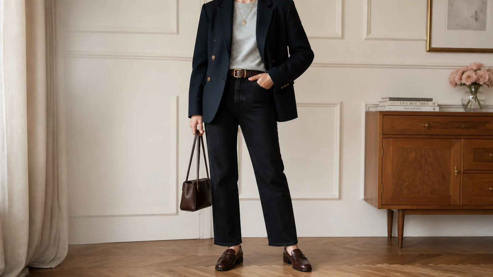 Faceless outfit with black straight-leg jeans, a structured navy blazer and leather loafers
