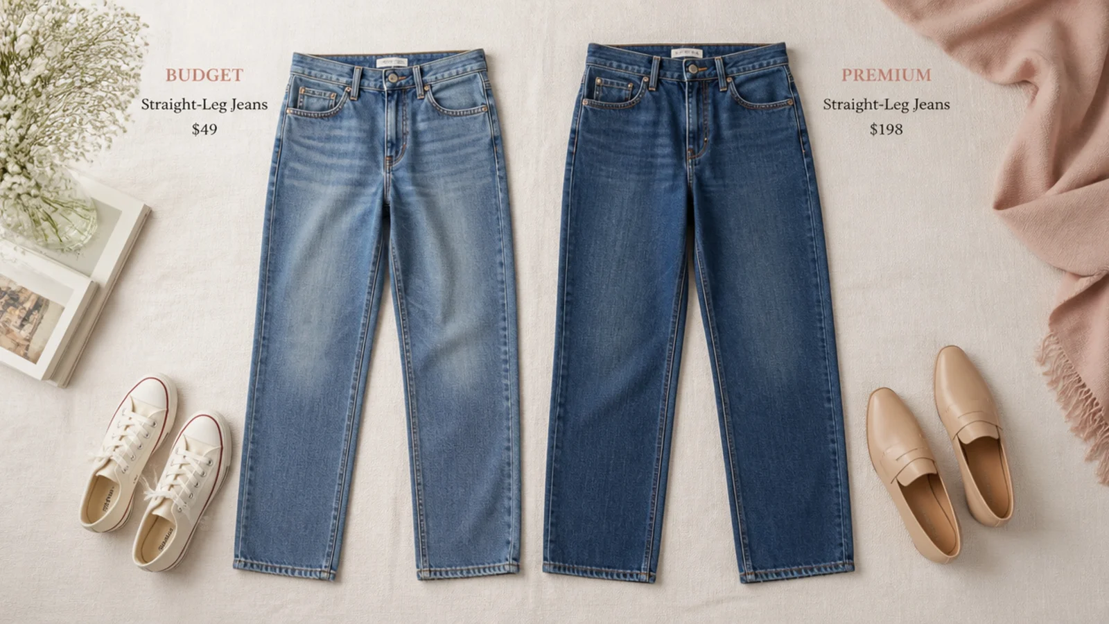 Faceless flat-lay comparing a budget and a premium pair of straight-leg jeans side by side