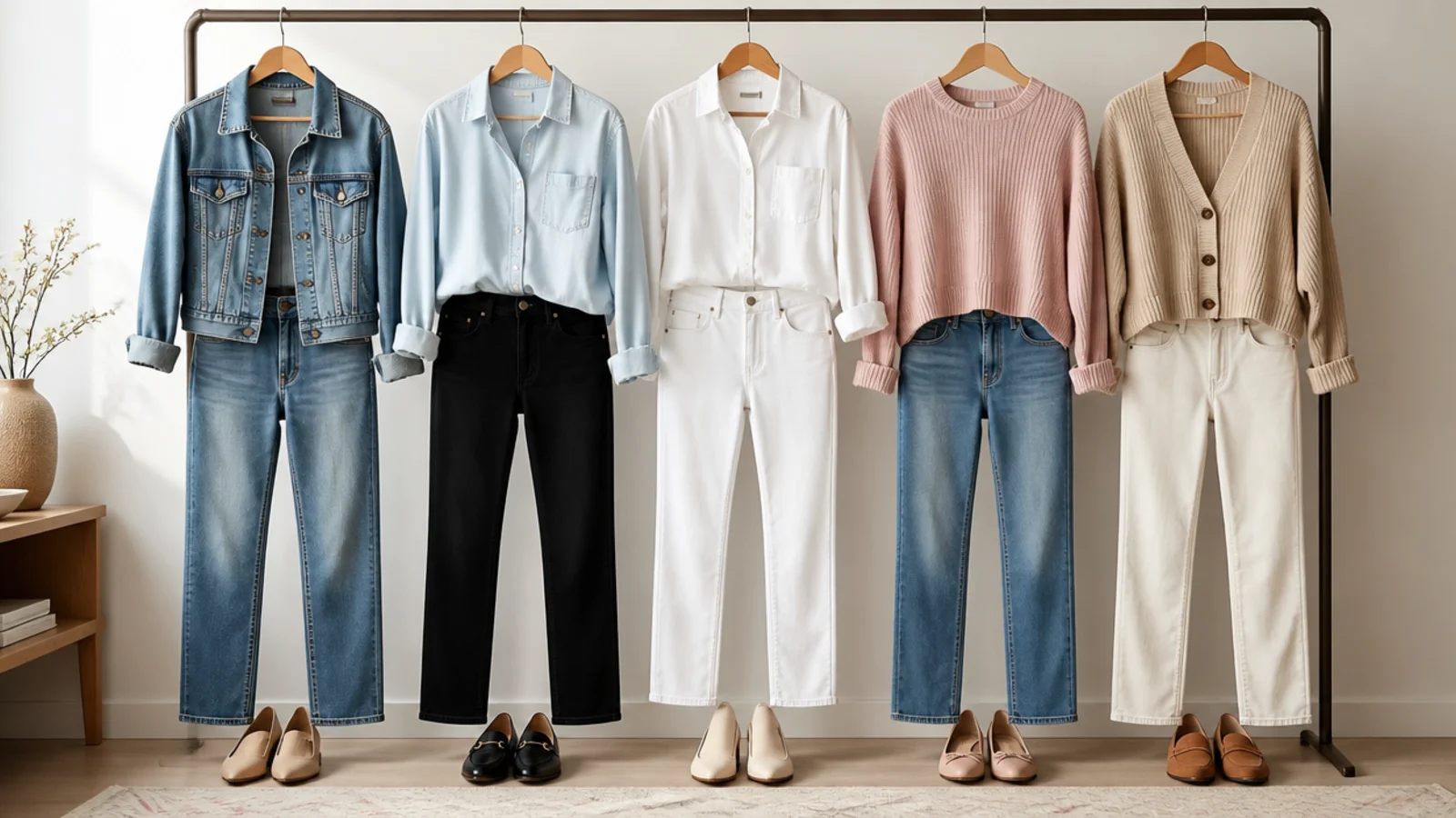 Faceless rail with mid-wash straight-leg jeans, black jeans, white jeans, a denim jacket and a chambray shirt