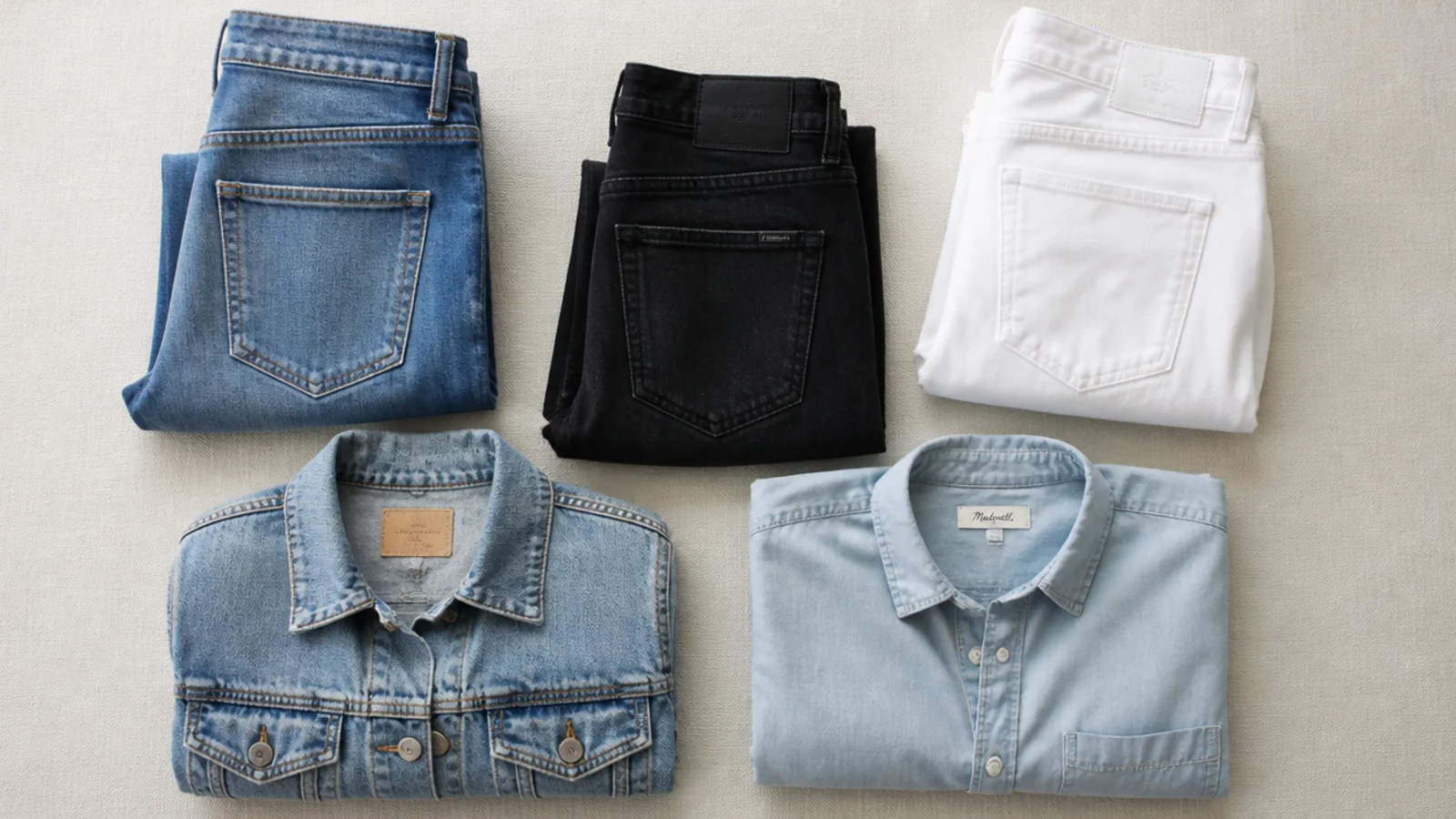 Faceless flat-lay of five folded denim pieces: mid-wash jeans, black jeans, white jeans, a jacket and a chambray shirt