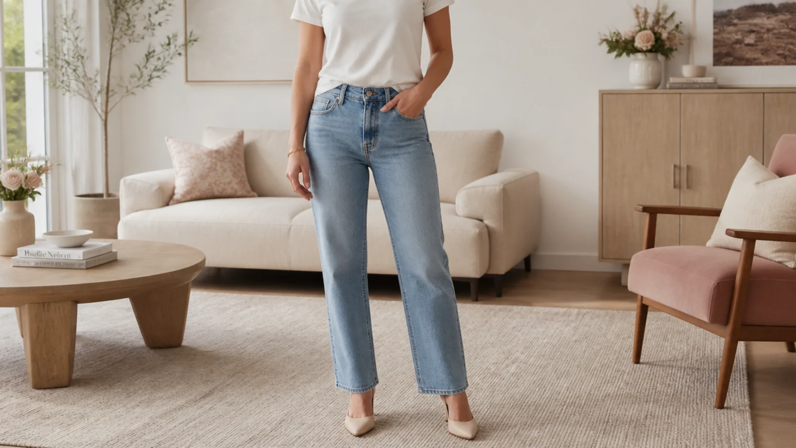 Faceless outfit showing a mid-rise straight-leg jean styled with a tucked tee to show the cut